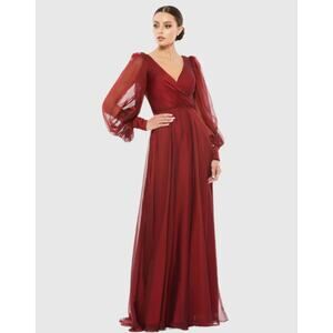 Mac Duggal Sheer Blouson Sleeve Surplice Gown Dress Red Size 8